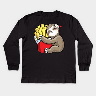 Girls Kawaii Sloth Hugging French Fries Potato Love Kids Long Sleeve T-Shirt